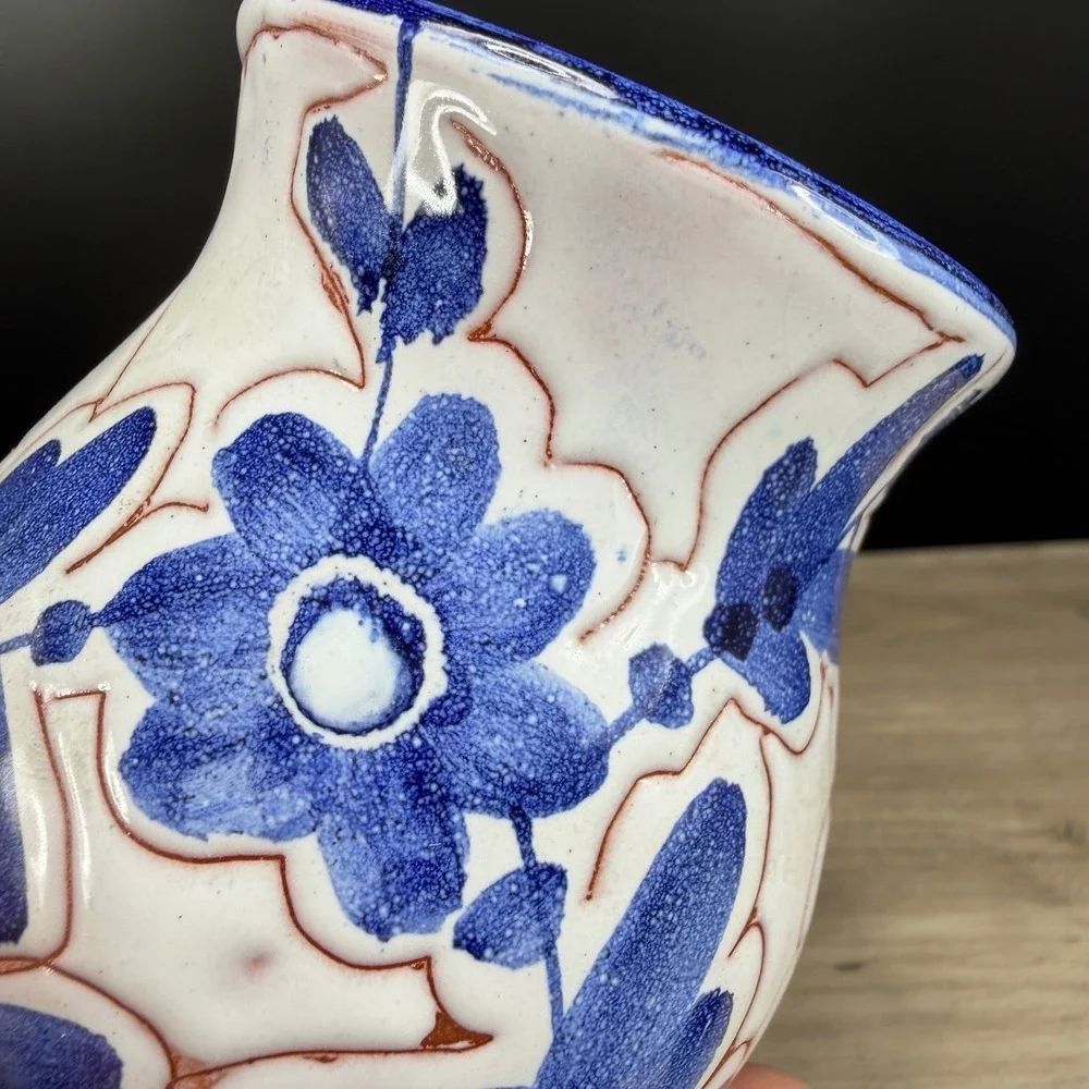 Vintage Made in Norway Blue White Floral‎ Ceramic Bud Vase Hand Painted 3.5 Inch